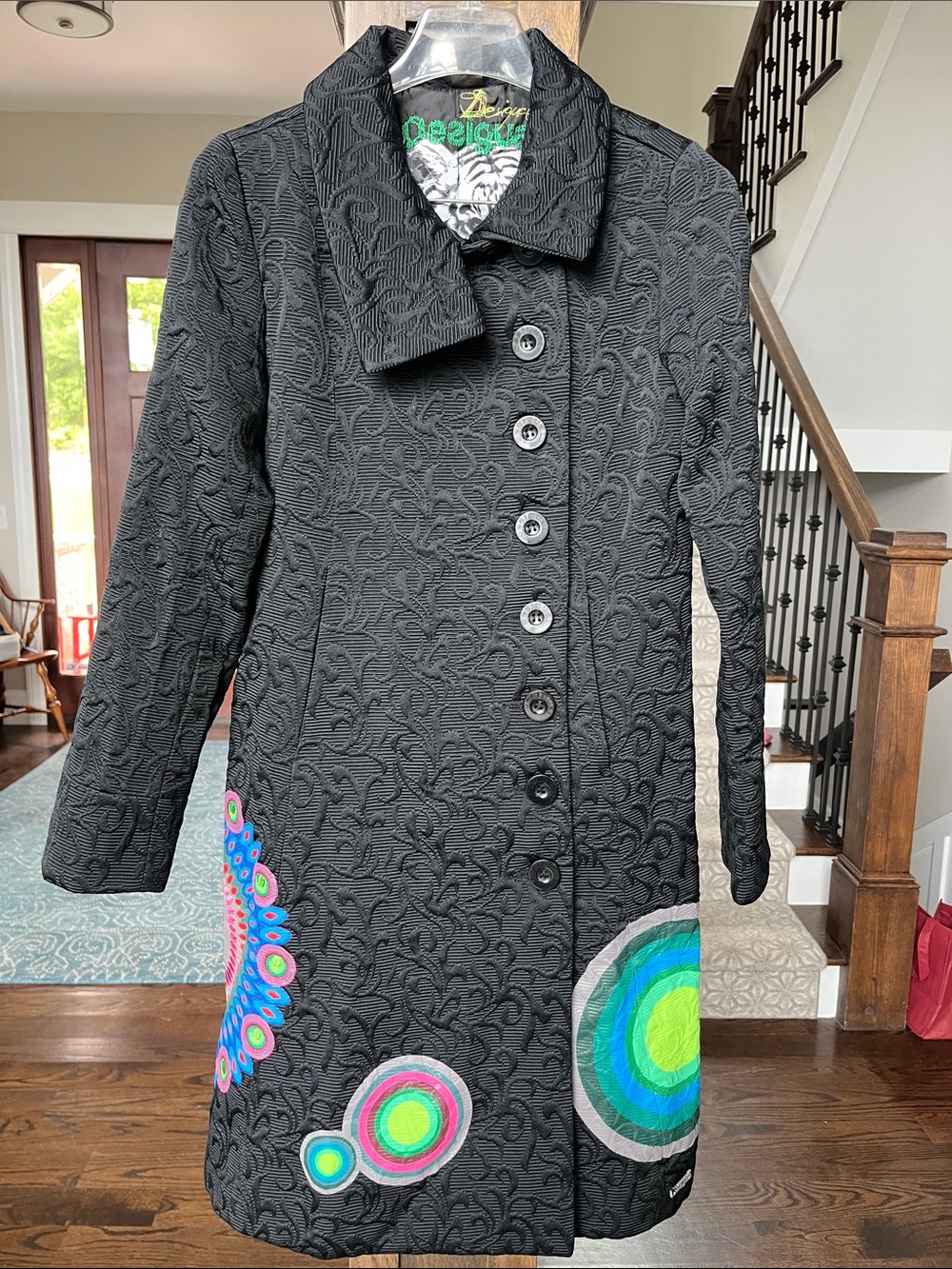 Desigual Black Coat with Multicolor Circular Design